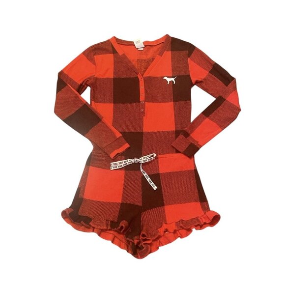 Victoria's Secret PINK Thermal Pajamas Small One Piece Romper Buffalo Check Red - Picture 1 of 10